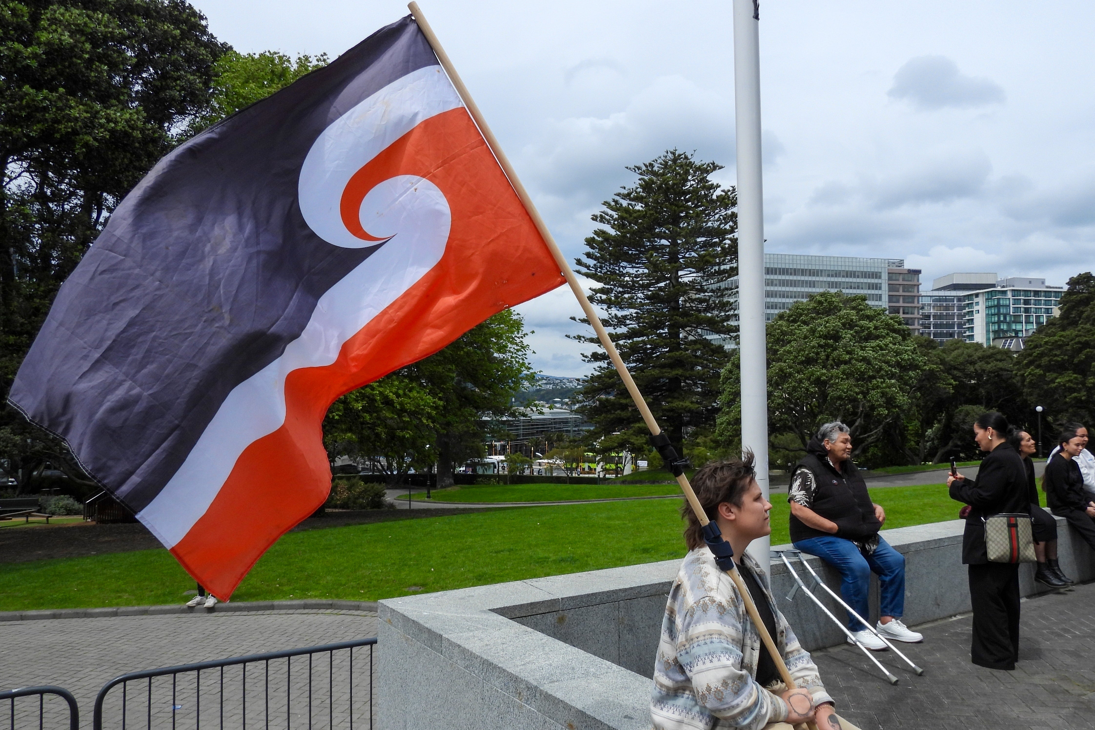 A protester against the Treaty Principles Bill sits outside Parliament in Wellington, New Zealand