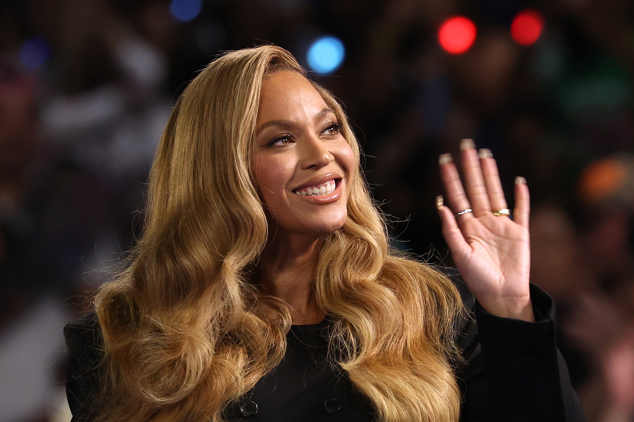 <p>Recording artist Beyonce looks on during a campaign rally with Democratic presidential nominee, U.S. Vice President Kamala Harris, at Shell Energy Stadium on October 25, 2024 in Houston, Texas</p>