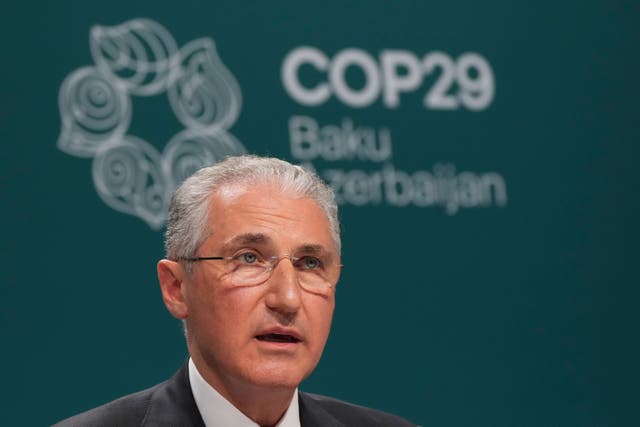 Mukhtar Babayev, Cop29 president, speaking at a news conference on Monday (Sergei Grits/AP)