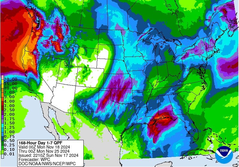 The seven-day forecast for the continental US. The National Weather Service says seven to 15 inches of precipitationis expected across northern California and far southwestern Oregon, including rain and snow.