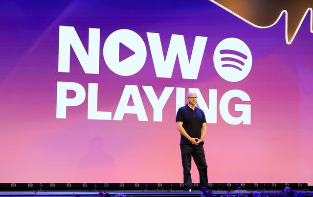 <p>Spotify CEO Daniel Ek speaks during the Now Playing creator day hosted by Spotify at its Los Angeles Campus</p>