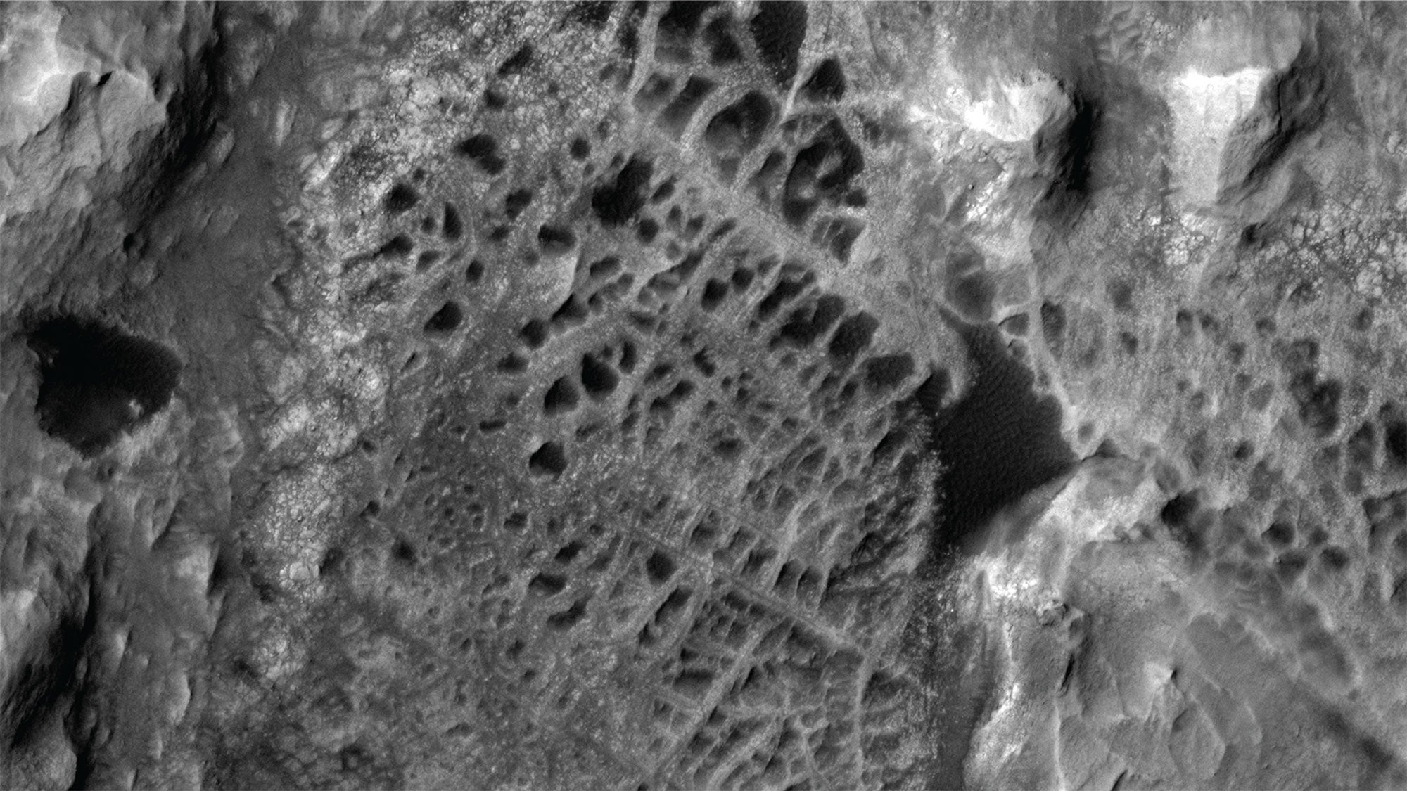 Scientists think that ancient groundwater formed this pattern of ridges, called boxwork on Mars. Curiosity is headed to visit the formation next