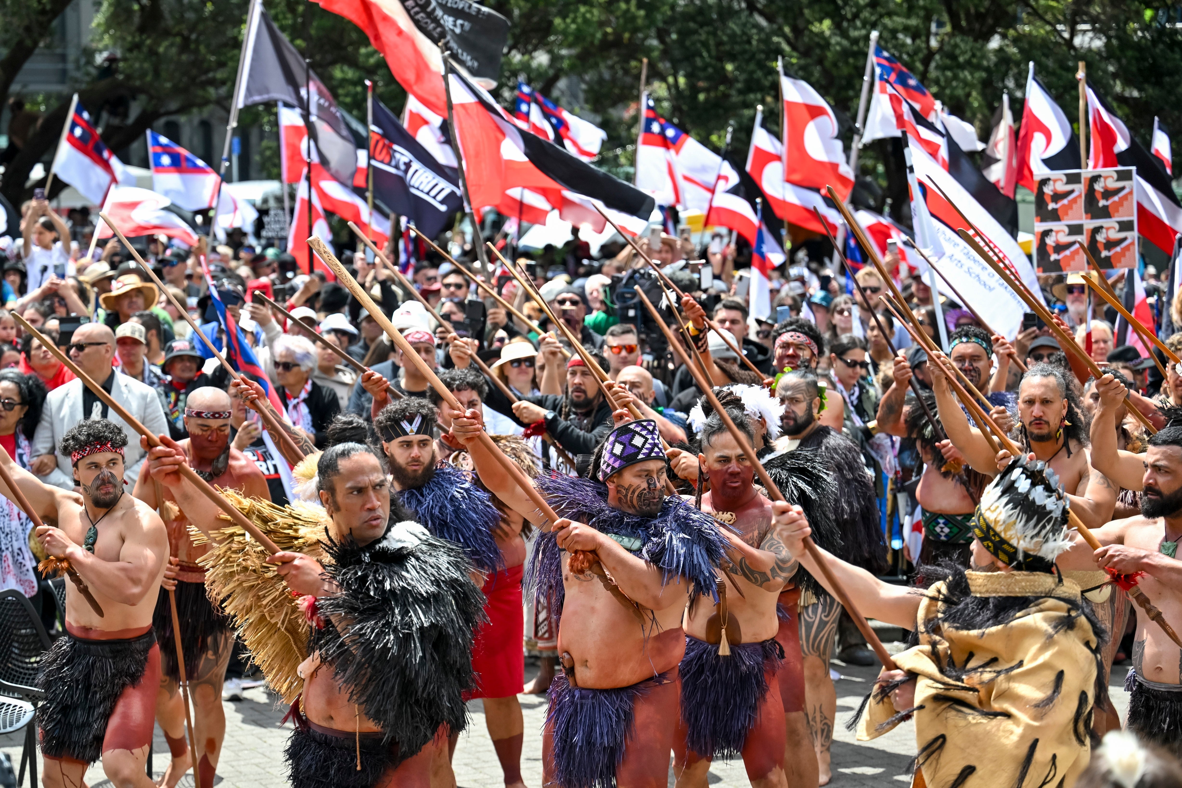 Indigenous Maori people protest outside New Zealand’s parliament against a proposed law that would redefine the country's founding agreement between Indigenous Maori and the British Crown in Wellington on 19 November 2024