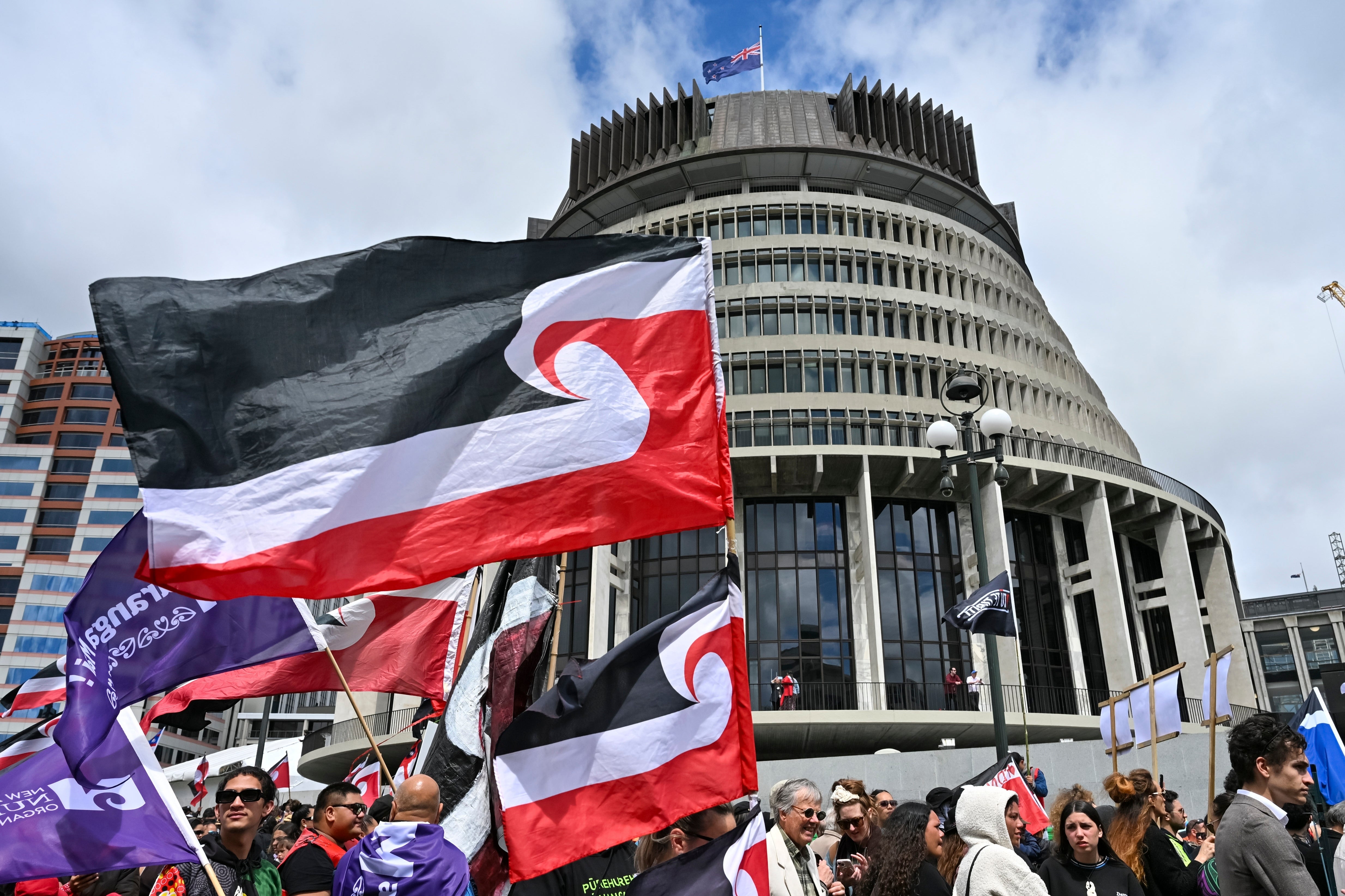 Flags representing the Māori right to self-determination fly outside New Zealand’s Parliament