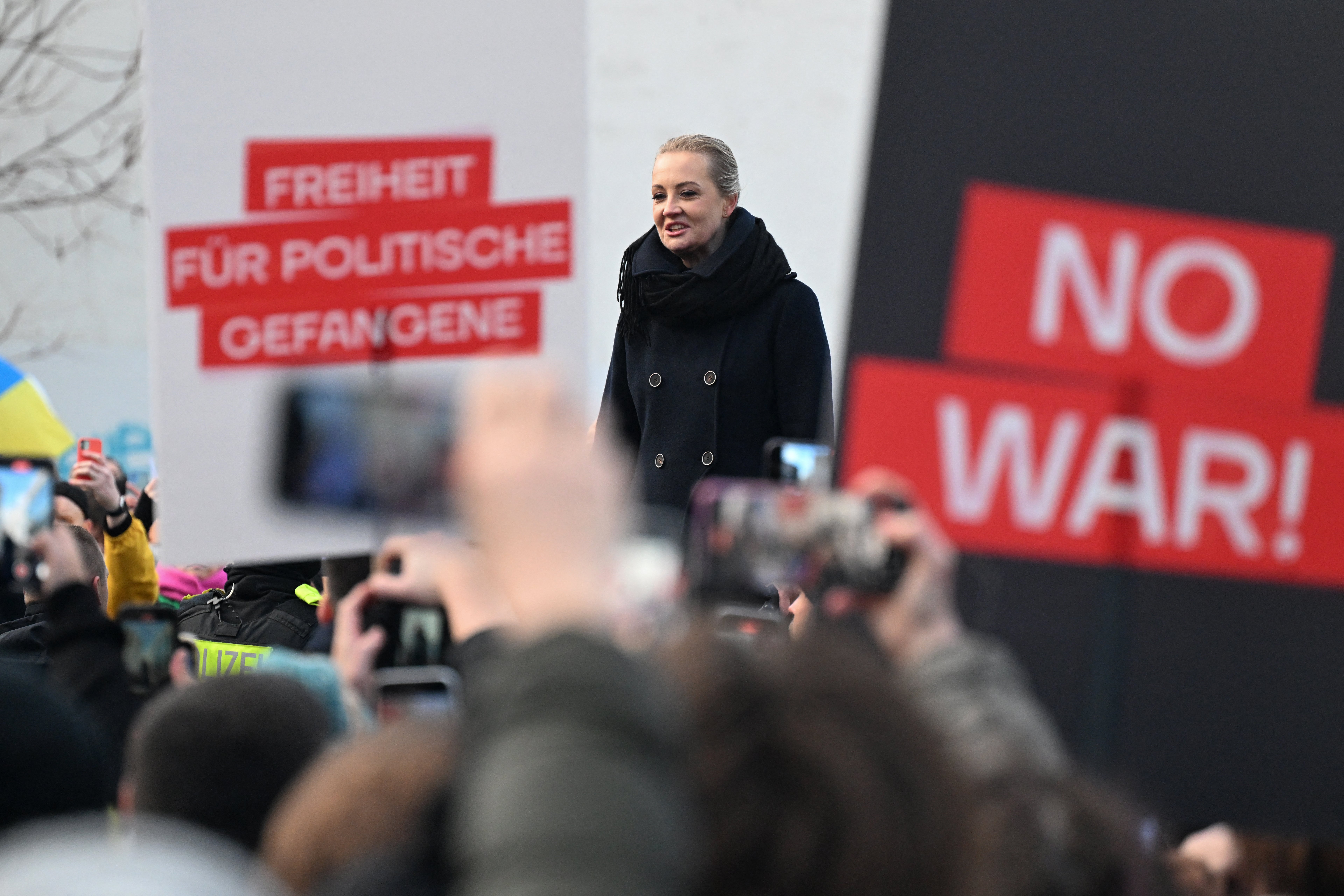 Yulia Navalnaya, widow of late Russian opposition leader Alexei Navalny, speaks during a demonstration of supporters of Russia’s exiled opposition in Berlin