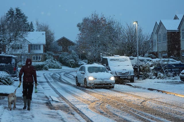 <p>A person walks their dog through snow in Warwick </p>