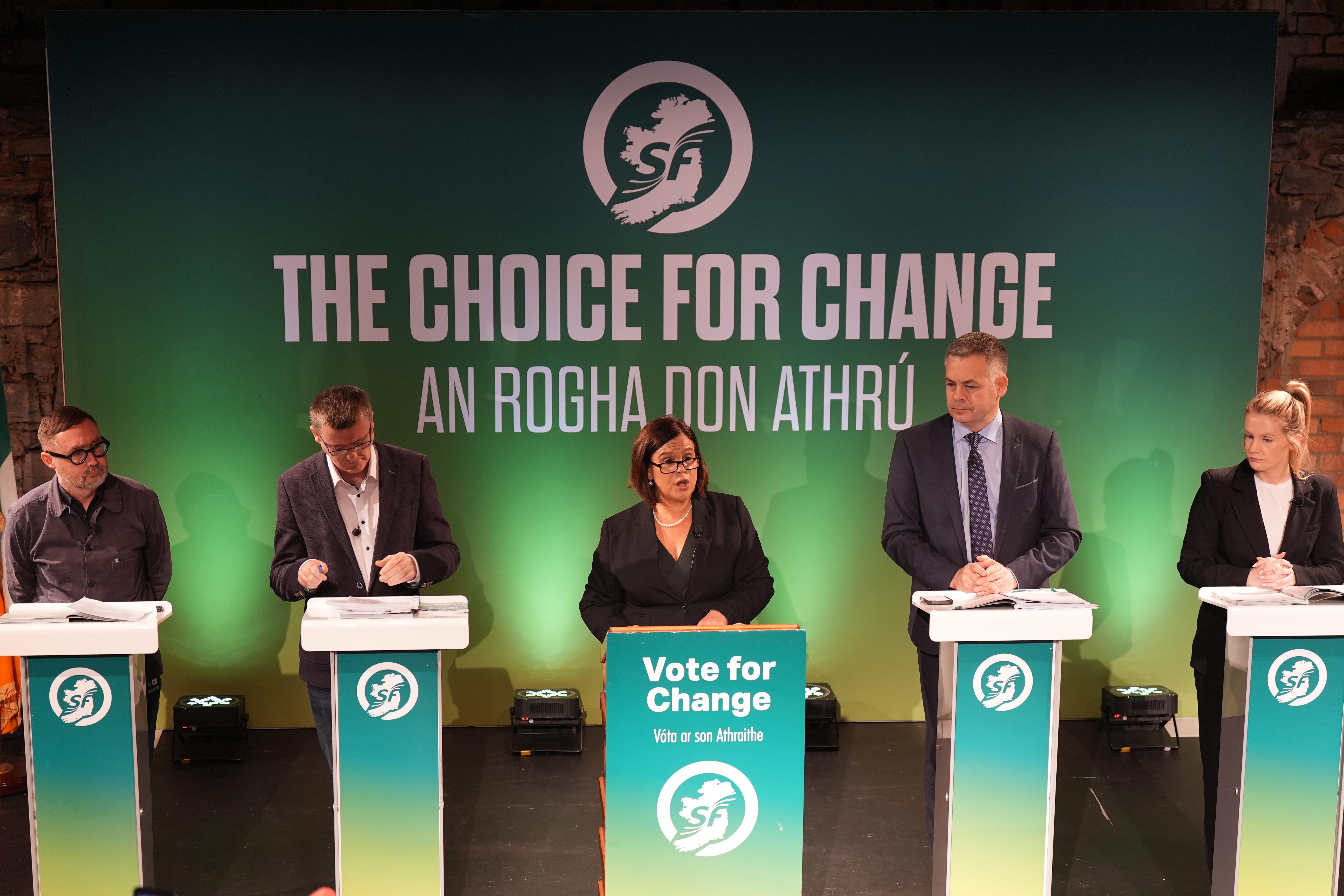 (left to right) Eoin O Broin, David Cullinan, Sinn Fein President Mary Lou McDonald, Pearse Doherty and Claire Kerrane at the launch of the Sinn Fein manifesto for the General Election on November 29, held at the Smock Alley Theatre in Dublin. Picture date: Tuesday November 19, 2024.