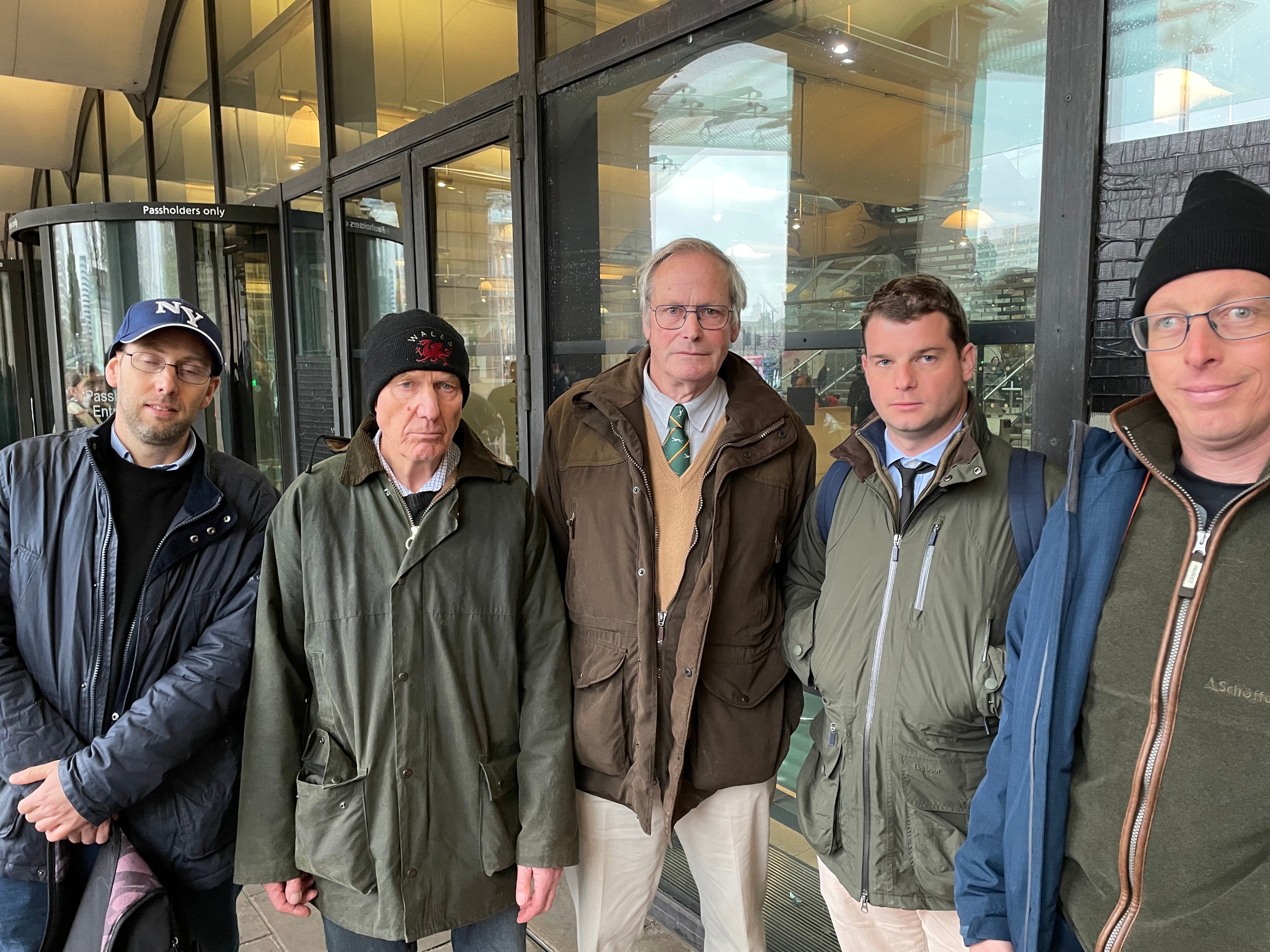 Cotswolds farmers Thomas Davidson-Smith, Peter Davidson-Smith, Tom Hyatt, Charles Day and Peter- Richards outside Portcullis House after meeting Lib Dem MP Cameron Thomas