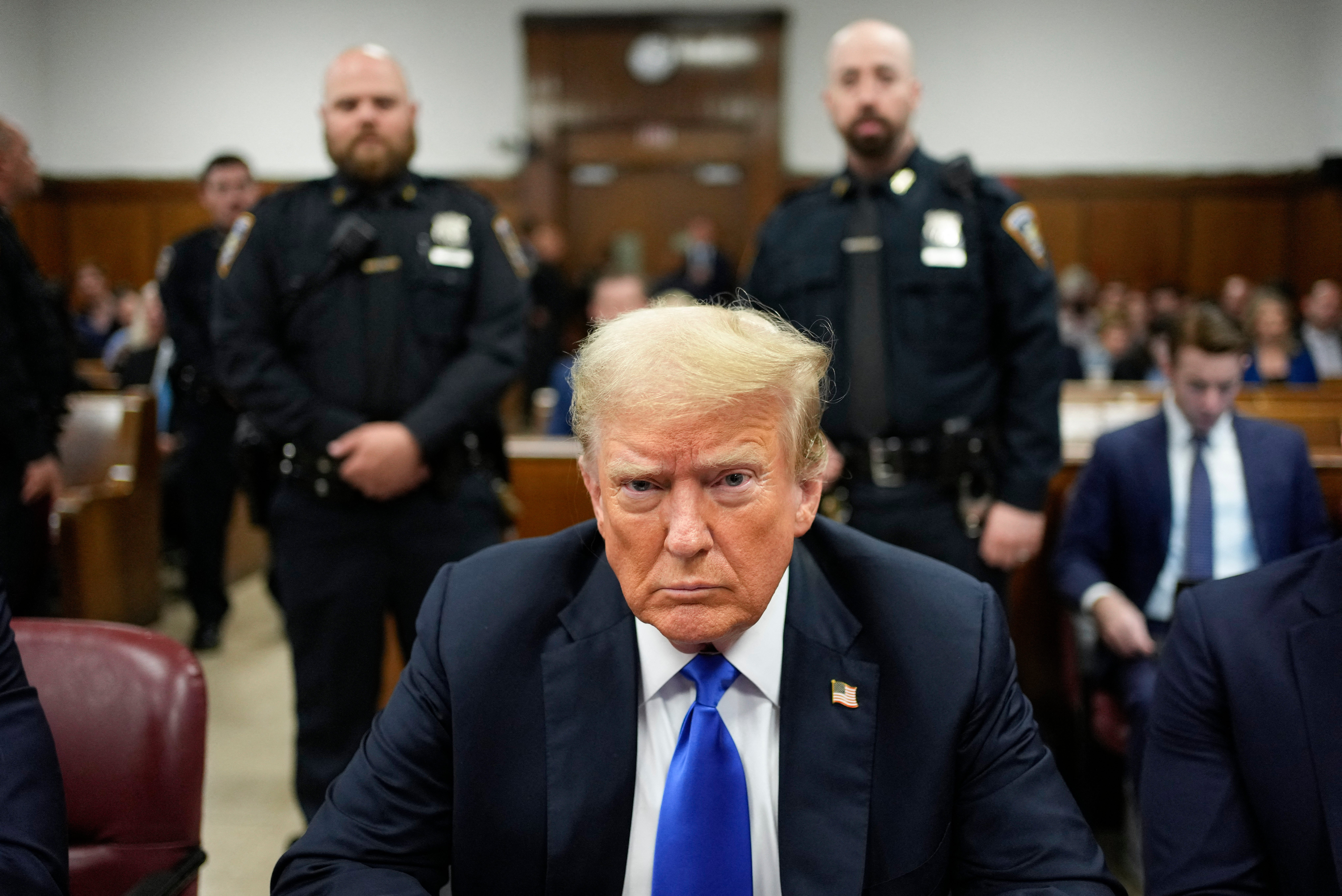 Donald Trump, pictured inside a Manhattan criminal courtroom during his hush money trial, is trying to have his conviction overturned before he enters the White House