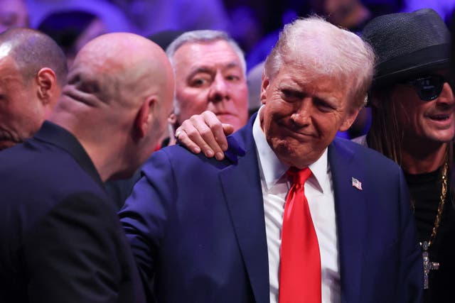 <p>President-elect Donald Trump talks with Dana White during the UFC 309 event at Madison Square Garden on November 16, 2024 in New York City</p>