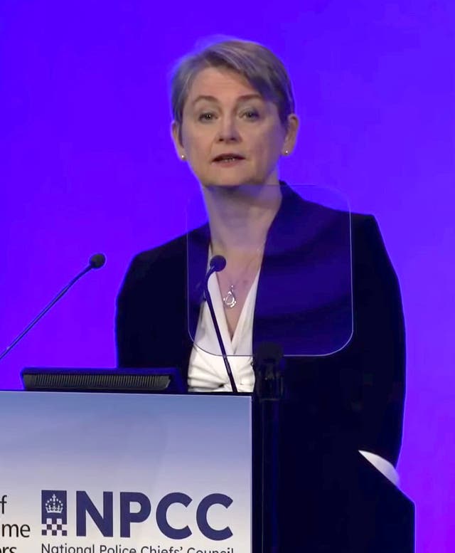 <p>Home Secretary Yvette Cooper addressing the joint annual conference of the National Police Chiefs’ Council and Association of Police and Crime Commissioners (PA)</p>