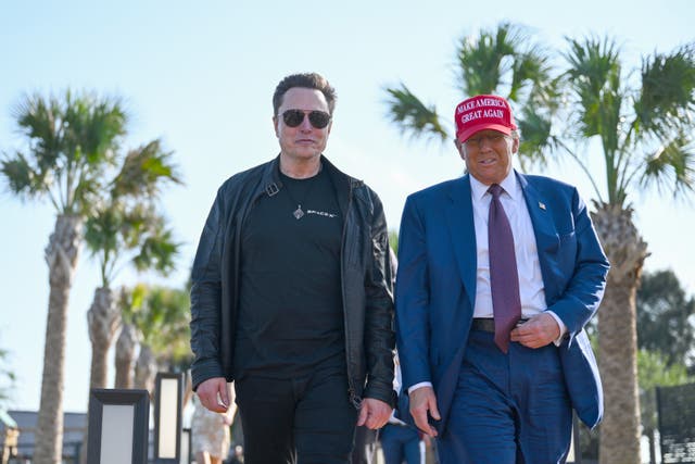 <p> US President-elect Donald Trump greets Elon Musk as he arrives to attend a viewing of the launch of the sixth test flight of the SpaceX Starship rocket on November 19, 2024 in Brownsville, Texas</p>