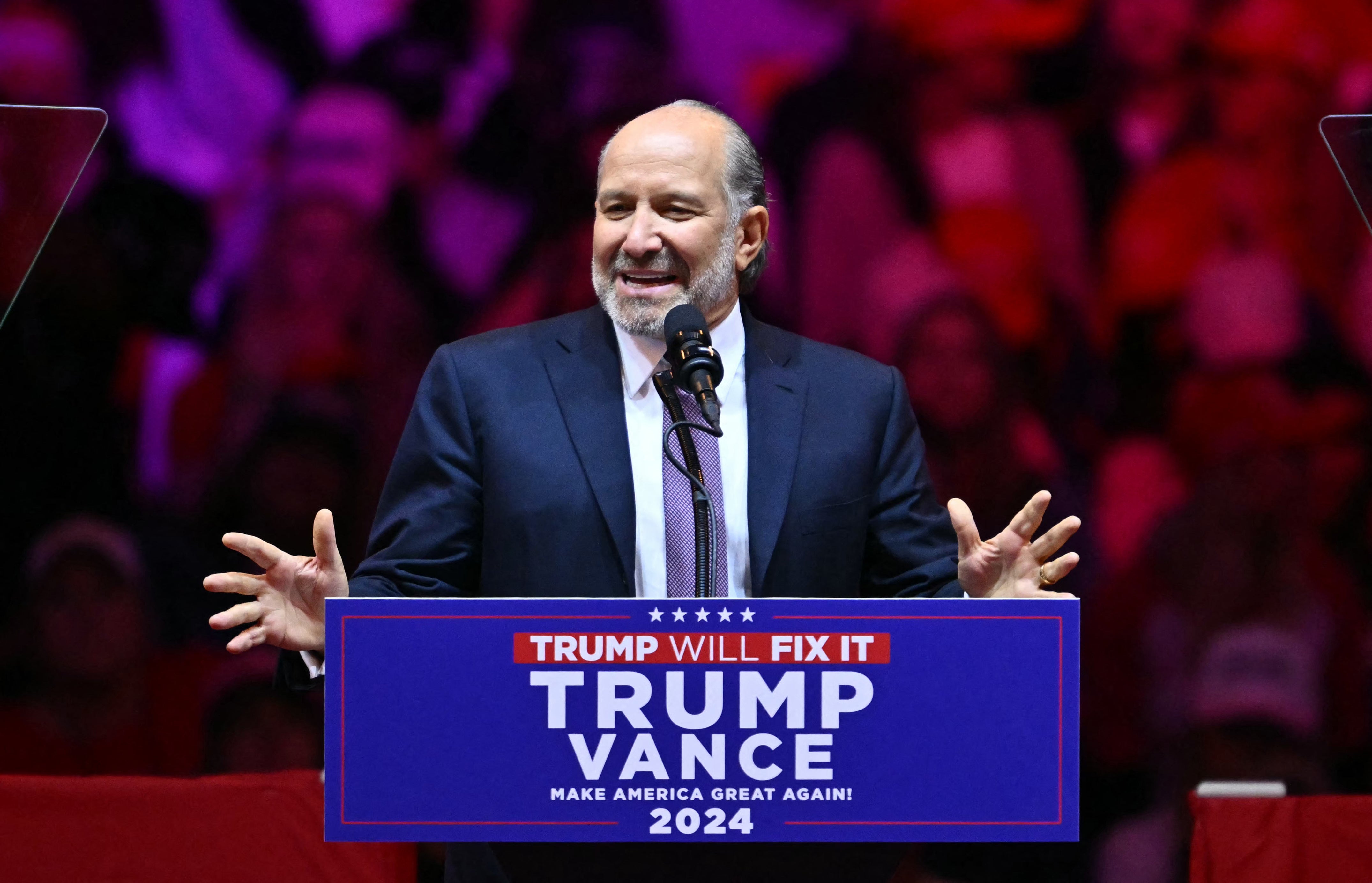 Howard Lutnick speaks at a rally at Madison Square Garden in New York, on October 27, 2024. He has been nominated to be Trump’s commerce secretary