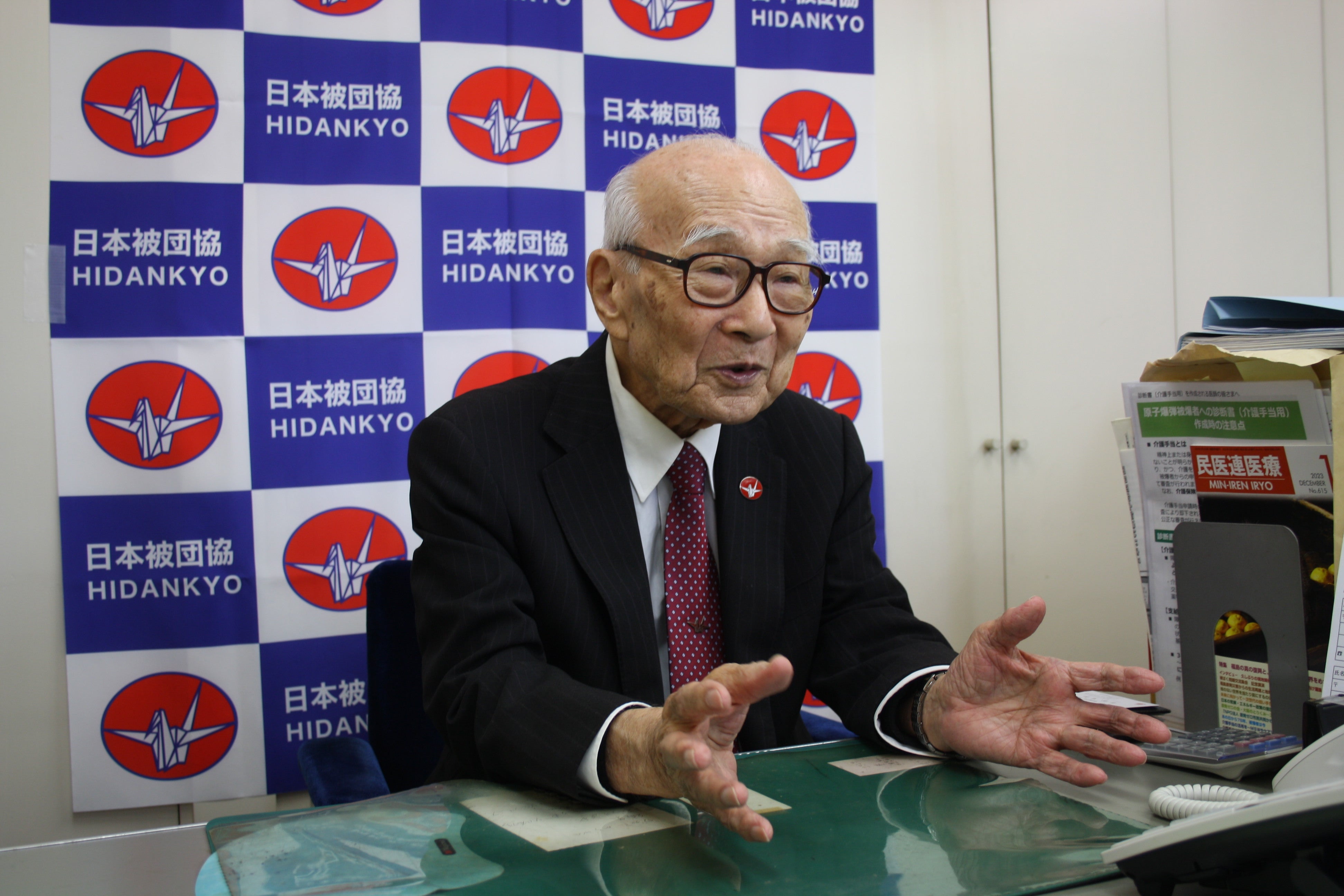 Terumi Tanaka, co-chair of Nihon Hidankyo, speaks to The Independent in the group’s office in Tokyo