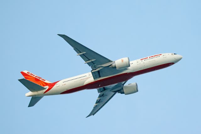 <p>An Air India jet  flies over Nickerson Beach Park in New York on 4 September 2023  </p>