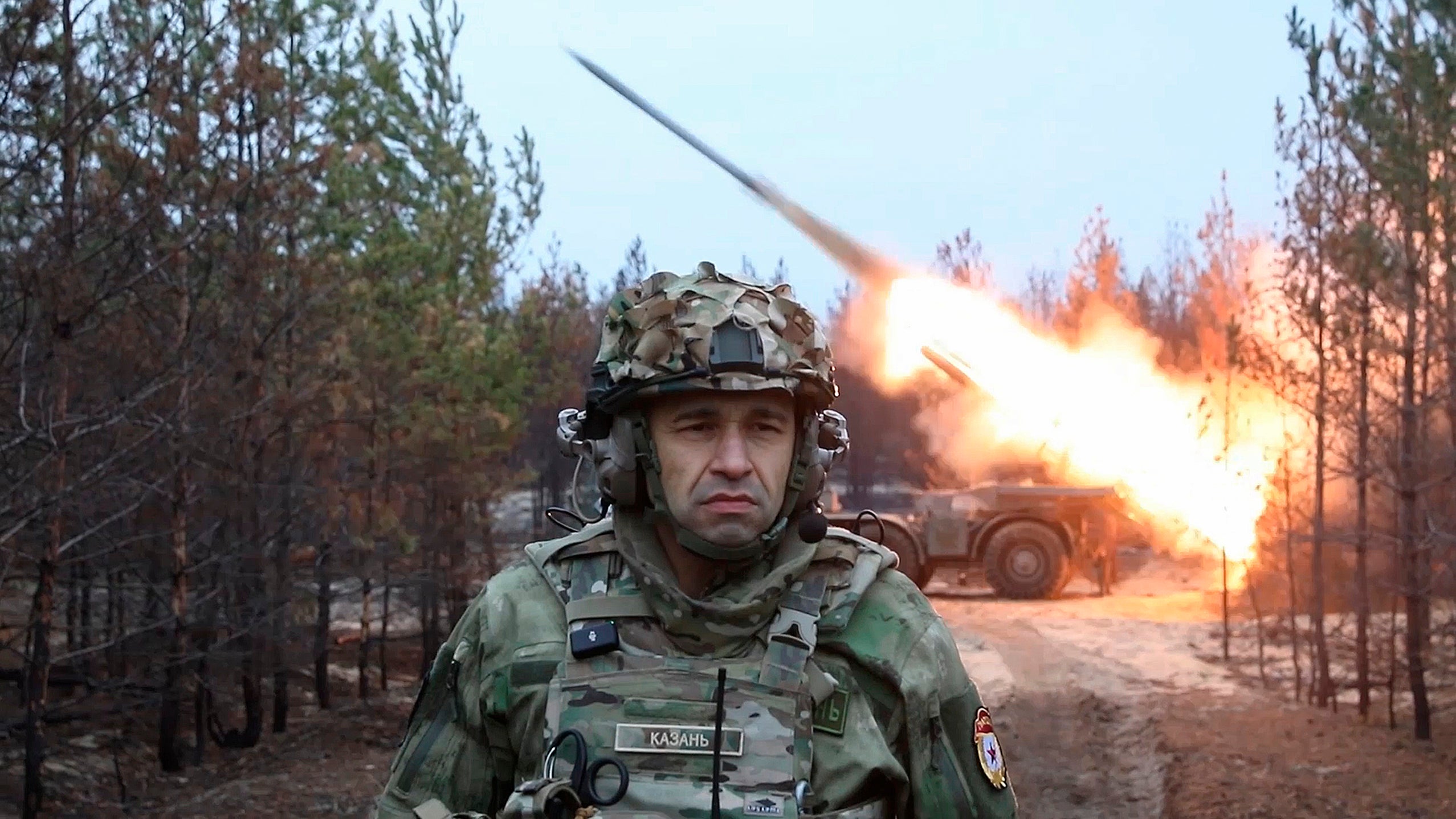 In this photo released by Russian Defense Ministry Press Service on Tuesday, 19 Nov 2024, a Russian Uragan self-propelled multiple rocket launcher fires towards Ukrainian positions from an undisclosed location in Ukraine