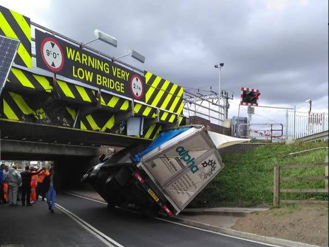 <p>Just one of the HGV vehicles to hit Stuntney Road bridge in Ely. This image was shared by Network Rail on social media in 2019, with a spokesperson urging drivers to check the height of their vehicle</p>