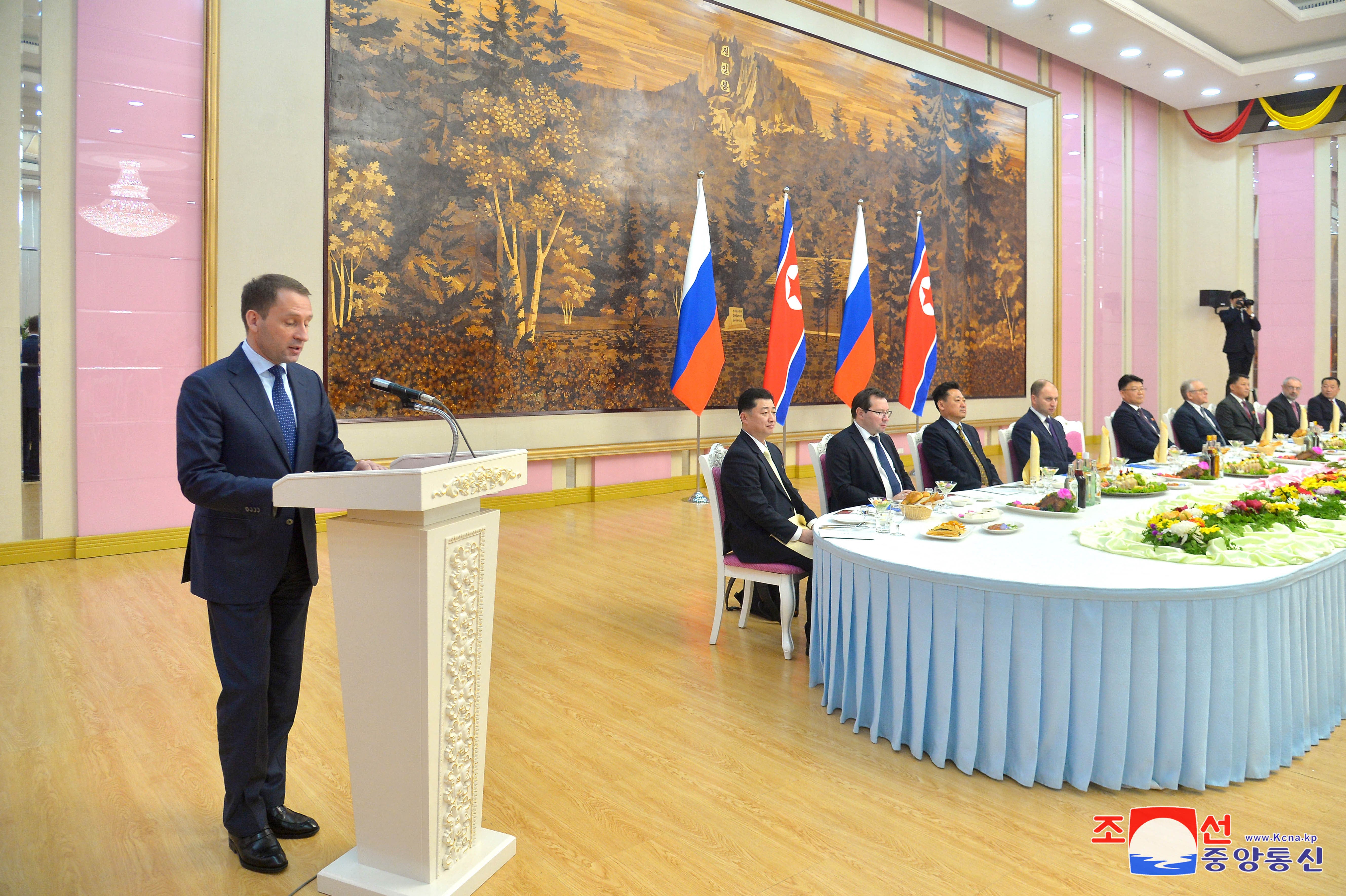 Alexander Kozlov speaking at a banquet put on for the Russian delegation at a hotel in Pyongyang