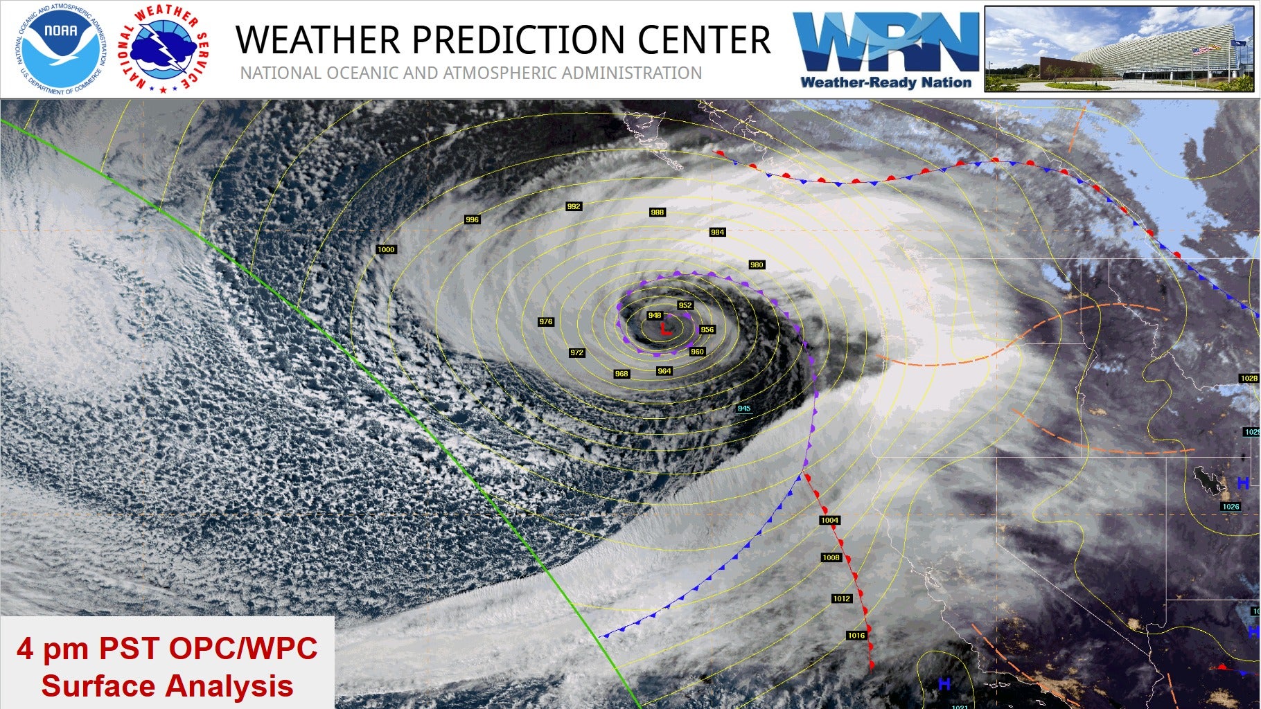 Weather Prediction Service satellite imagery of the bomb cyclone from 4 p.m. PST on Tuesday