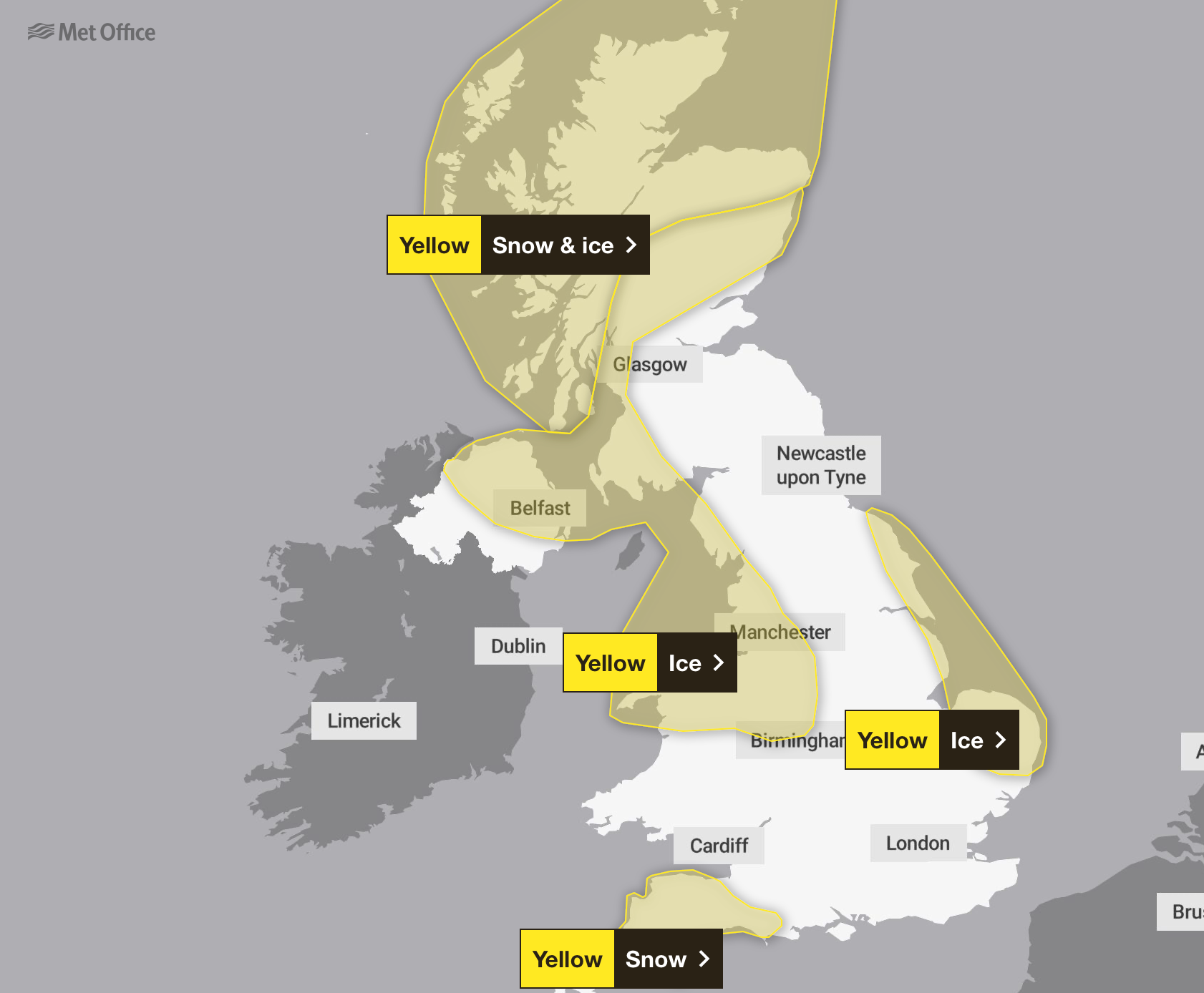 Four yellow weather warnings are in place across large swathes of the UK between Wednesday and Thursday