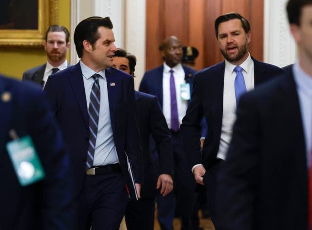 <p>Former Rep. Matt Gaetz, Donald Trump’s nominee to be Attorney General, walks with Vice President-elect JD Vance as they arrive for meetings with Senators at the U.S. Capitol</p>