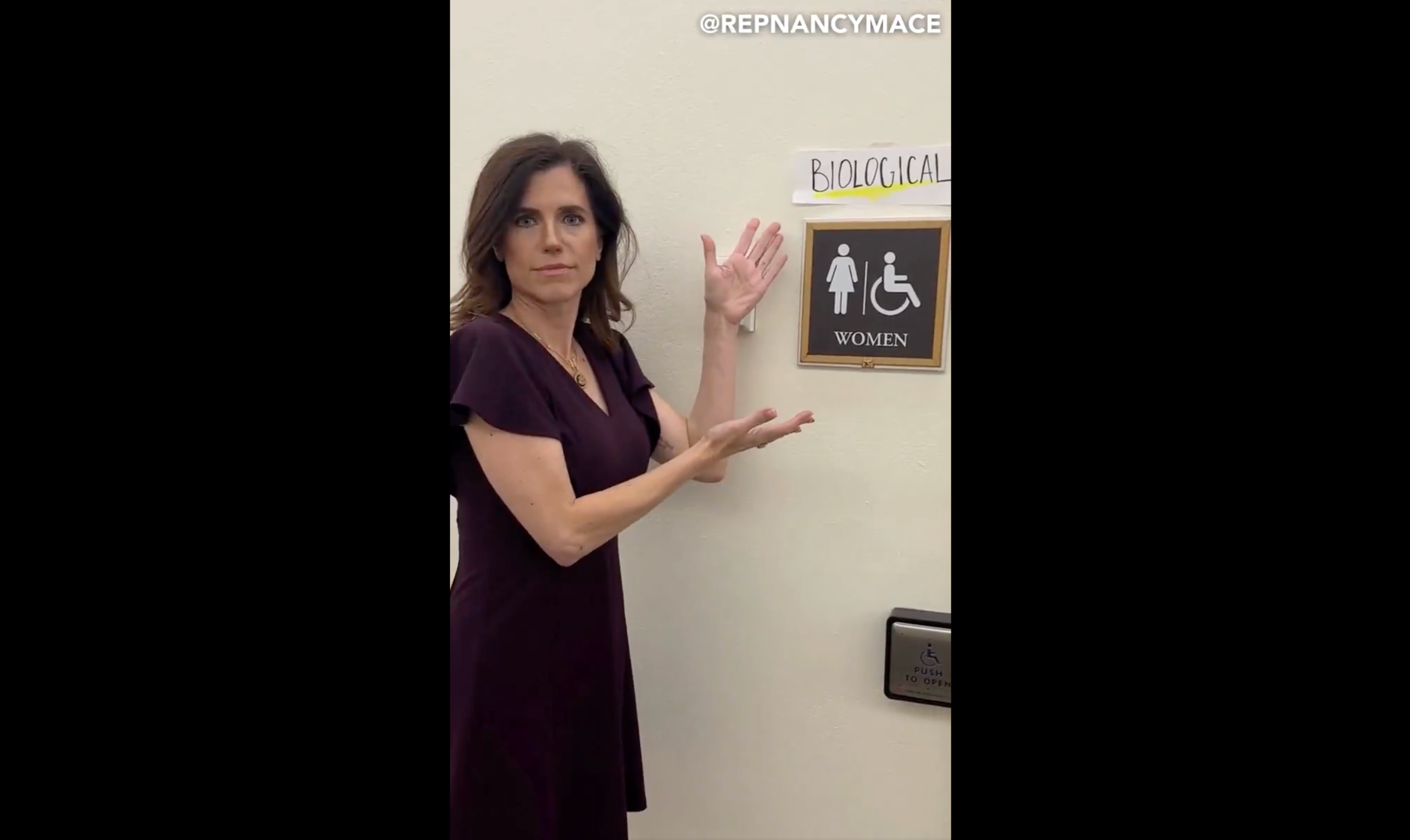 Nancy Mace outburst was her latest anti-trans stunt. She previously slapped a piece of paper paper with ‘biological’ written on it above women’s restroom sign after the first transgender member of Congress was elected