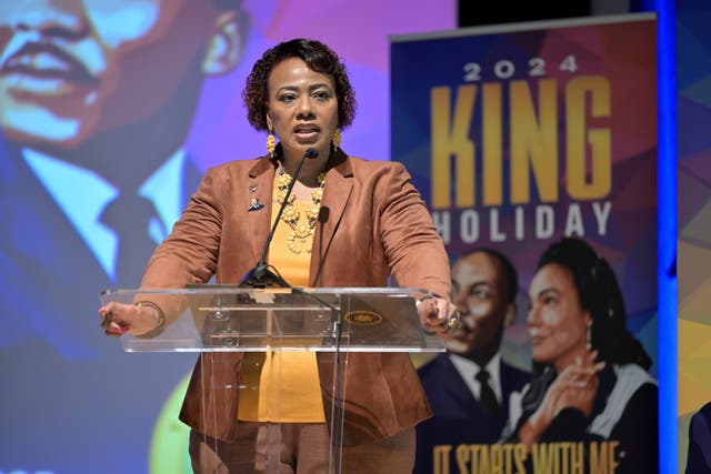 <p>Dr Bernice King speaks onstage during the 2024 King Holiday observance press conference at The King Center on 4 January 2024 in Atlanta, Georgia </p>