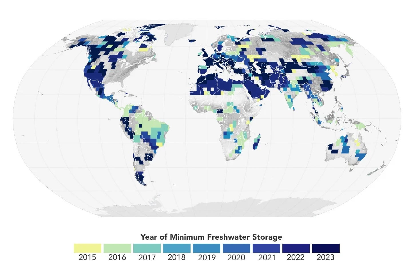 This map shows the years that terrestrial water storage hit a 22-year minimum at each location around the world. The map is based on data from the GRACE satellites