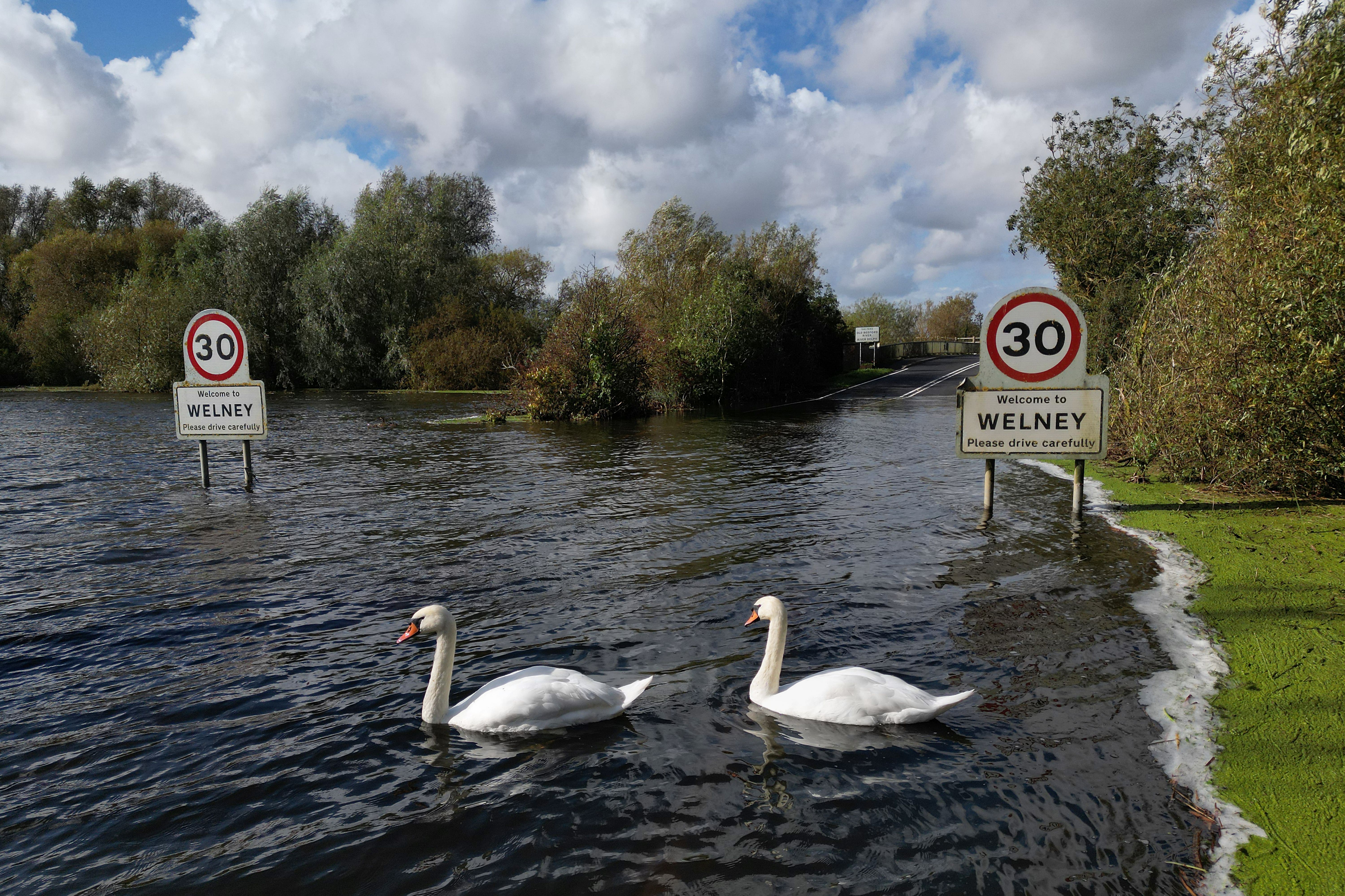 Flooding across the A1101 in Welney, in West Norfolk, in October this year (Joe Giddens/PA)