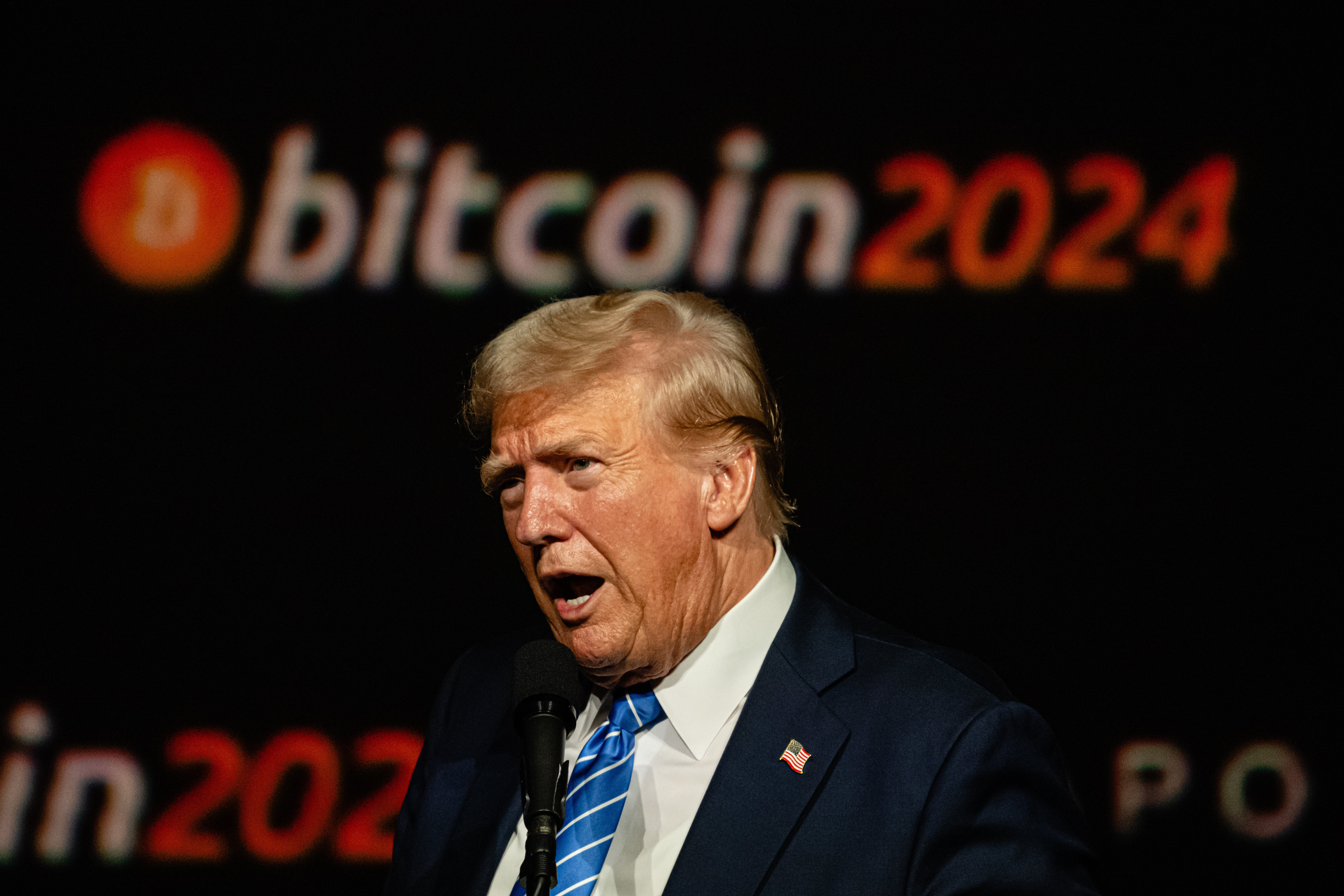 Donald Trump gives a keynote speech on the third day of the Bitcoin 2024 conference at Music City Center July