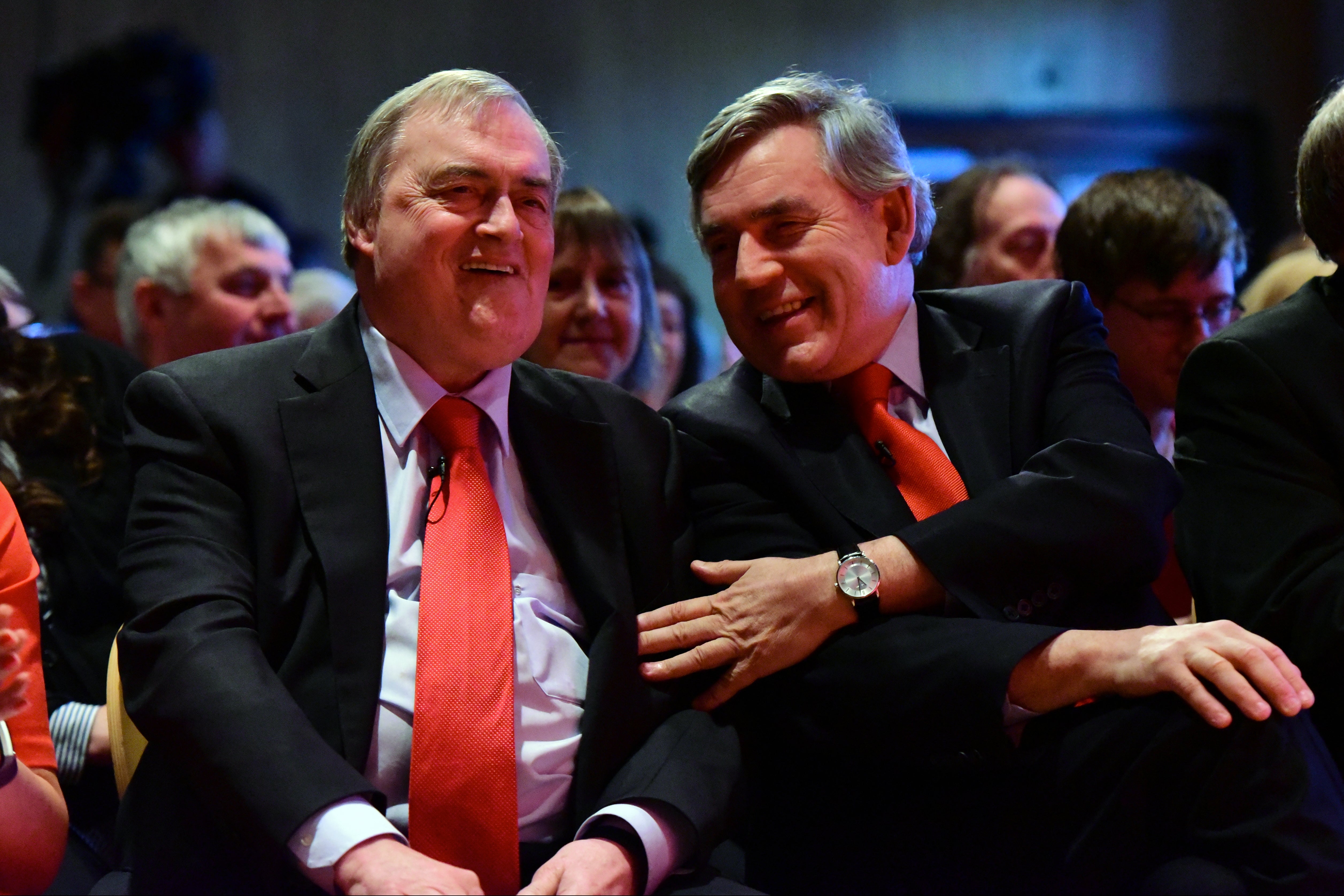 Gordon Brown chats to John Prescott at a Scottish Labour Party election campaign event on May 13, 2017 in Kirkcaldy, Scotland