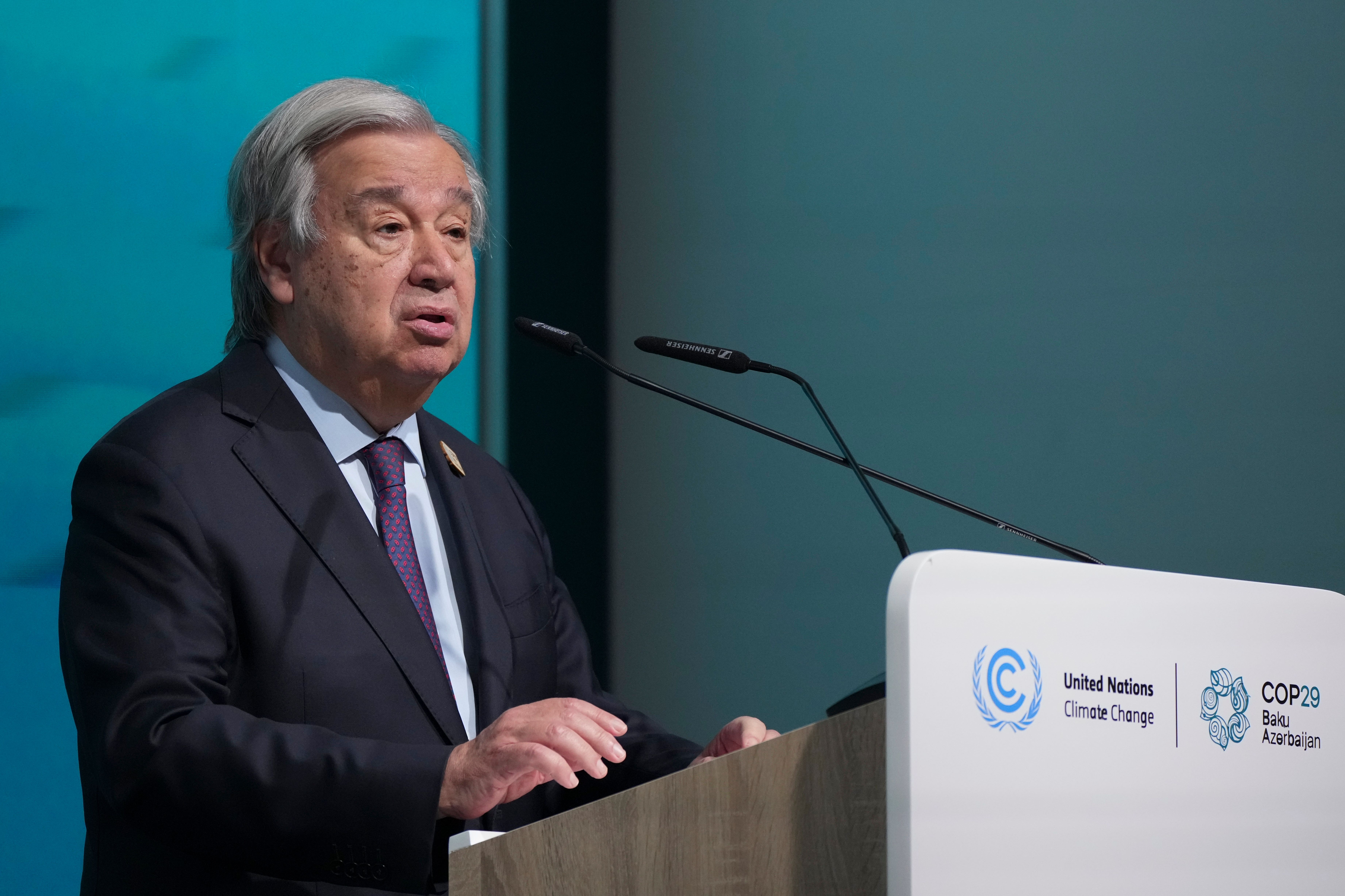 Antonio Guterres, United Nations secretary-general, speaks during a news conference at the Cop29 UN Climate Summit on Thursday (Sergei Grits/AP)