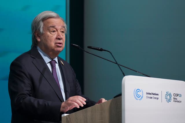 Antonio Guterres, United Nations secretary-general, speaks during a news conference at the Cop29 UN Climate Summit on Thursday (Sergei Grits/AP)