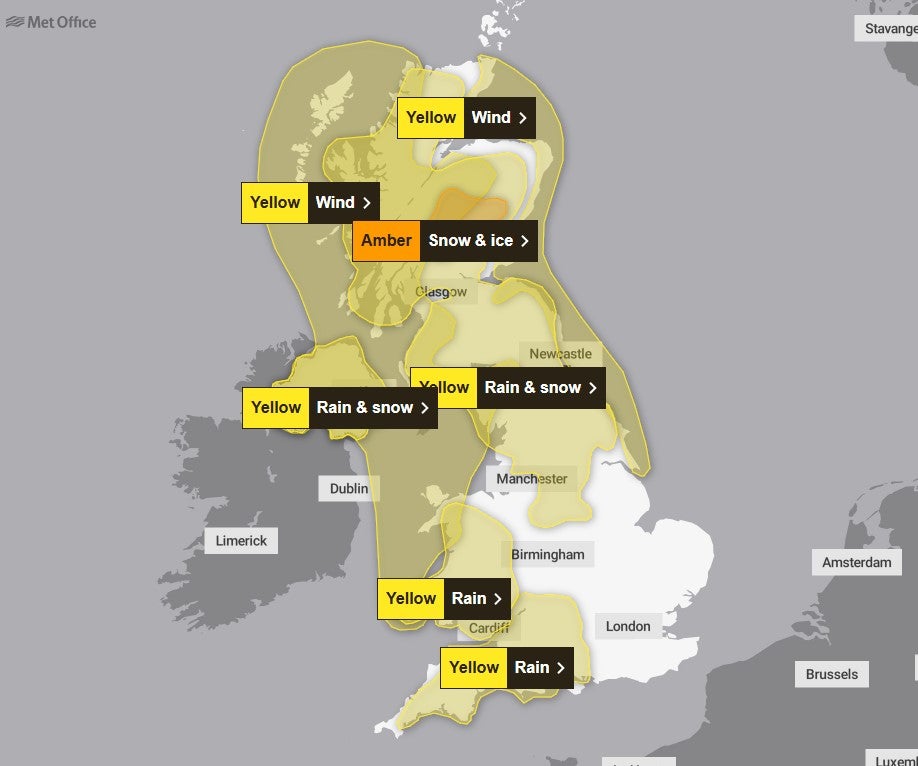 Yellow and amber weather warnings have been issued across the UK for Saturday and Sunday