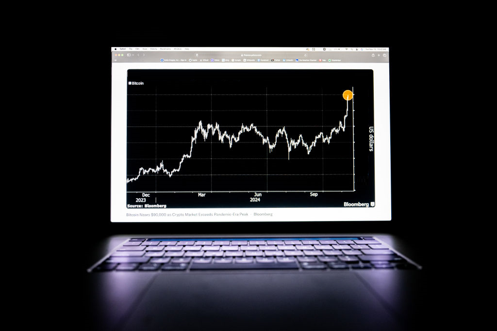 A bitcoin chart is displayed on a laptop screen on 12 November, 2024 in Austin, Texas