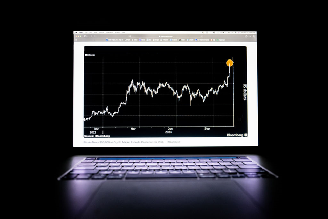 <p>A bitcoin chart is displayed on a laptop screen on 12 November, 2024 in Austin, Texas</p>