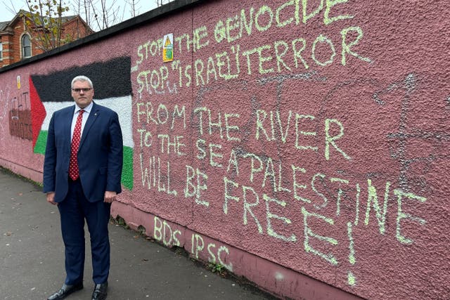 DUP leader Gavin Robinson has voiced concern at the daubing of graffiti on a wall at the Royal Victoria Hospital in Belfast (DUP/PA)