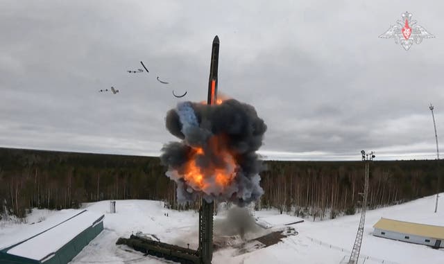 <p>The test firing of an ICBM belonging to Russia’s nuclear deterrence forces in March</p>