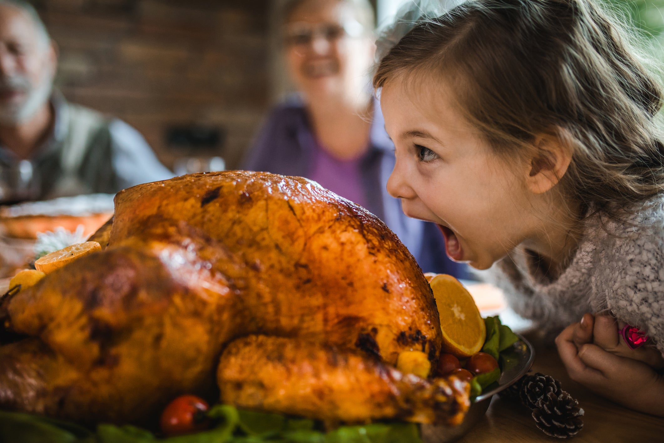 A little girl pretends to eat a whole cooked turkey at the Thanksgiving table. Turkeys eat mainly corn: a crop that is threatened by a warmer climate