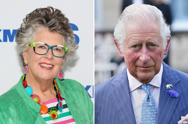 <p>Prue Leith and Kind Charles</p>