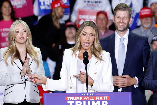 <p>Co-chair of the Republican National Committee Lara Trump speaks during a campaign rally at Van Andel Arena in Grand Rapids, Michigan on November 5, 2024</p>