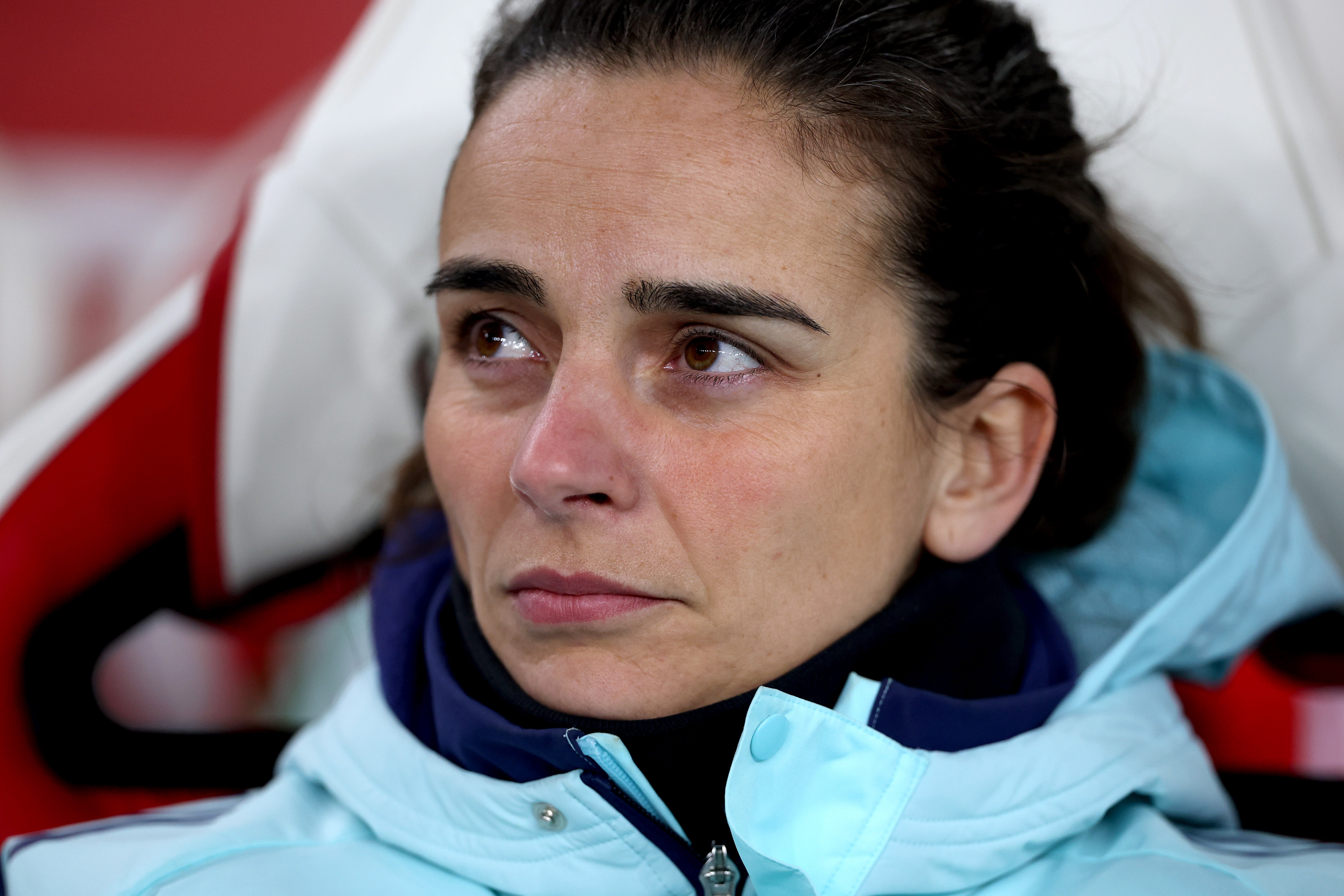 Renee Slegers, interim manager of Arsenal, looks up prior to kick-off between the Gunners and Juventus