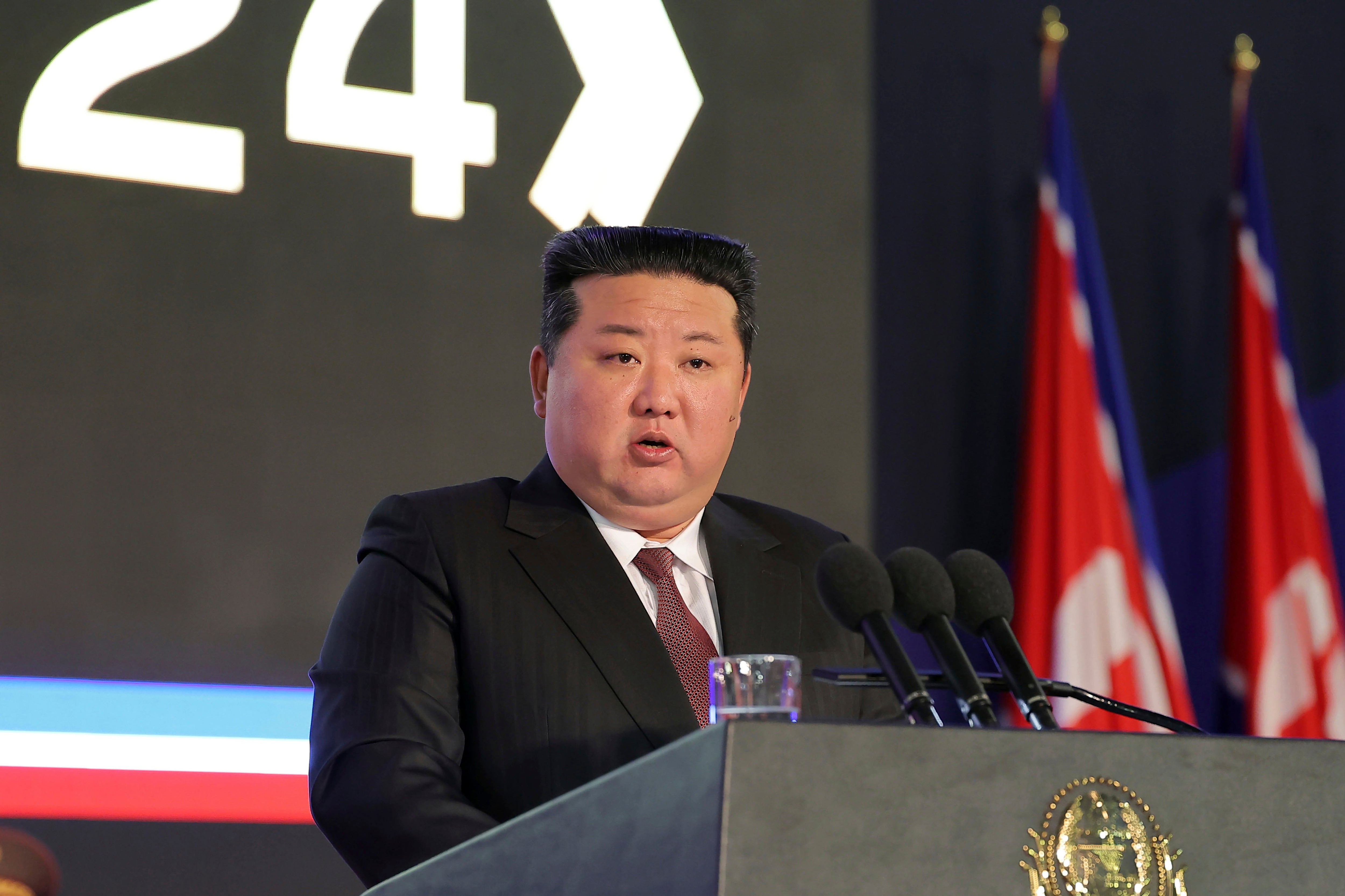 North Korean leader Kim Jong Un delivers a speech during an opening ceremony of a defense exhibition in Pyongyang, North Korea