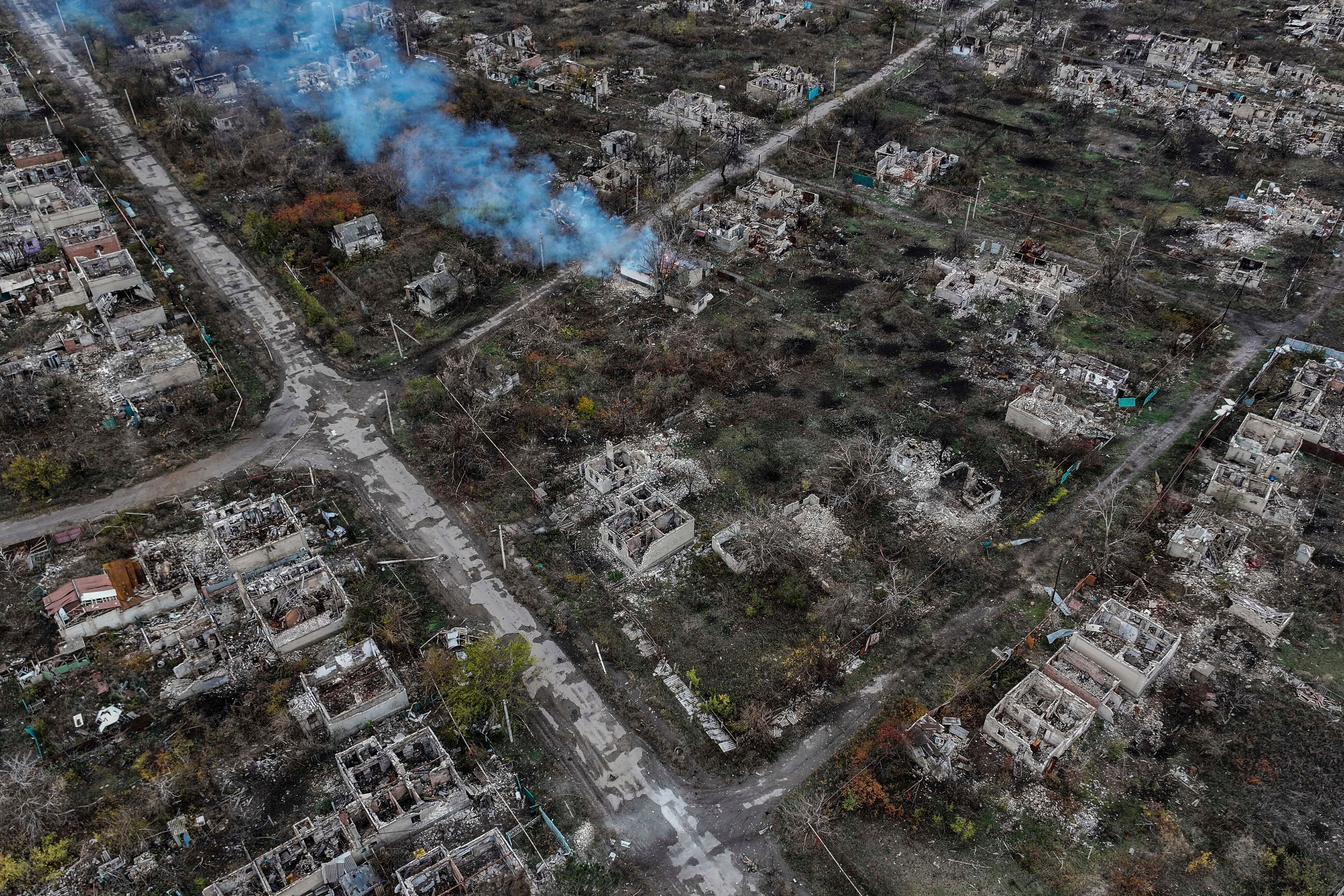 An aerial view of Chasiv Yar, in the eastern Donetsk region, shows the frontline city in ruins after heavy fighting between Russian and Ukrainian forces