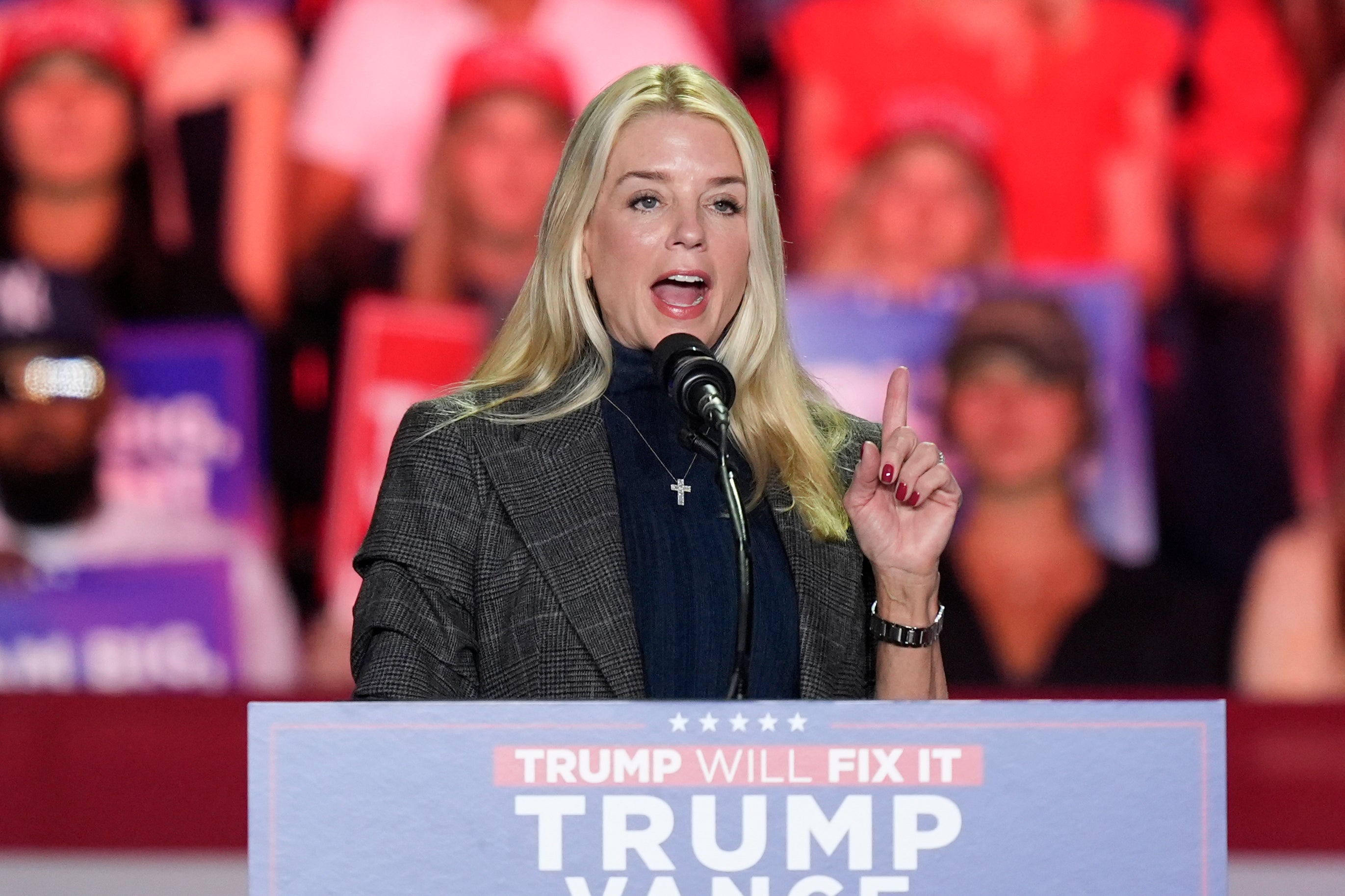 Pam Bondi speaking at a Donald Trump campaign rally in Greensboro, North Carolina, on November 2 2024. She has now been tapped to become Trump’s attorney general