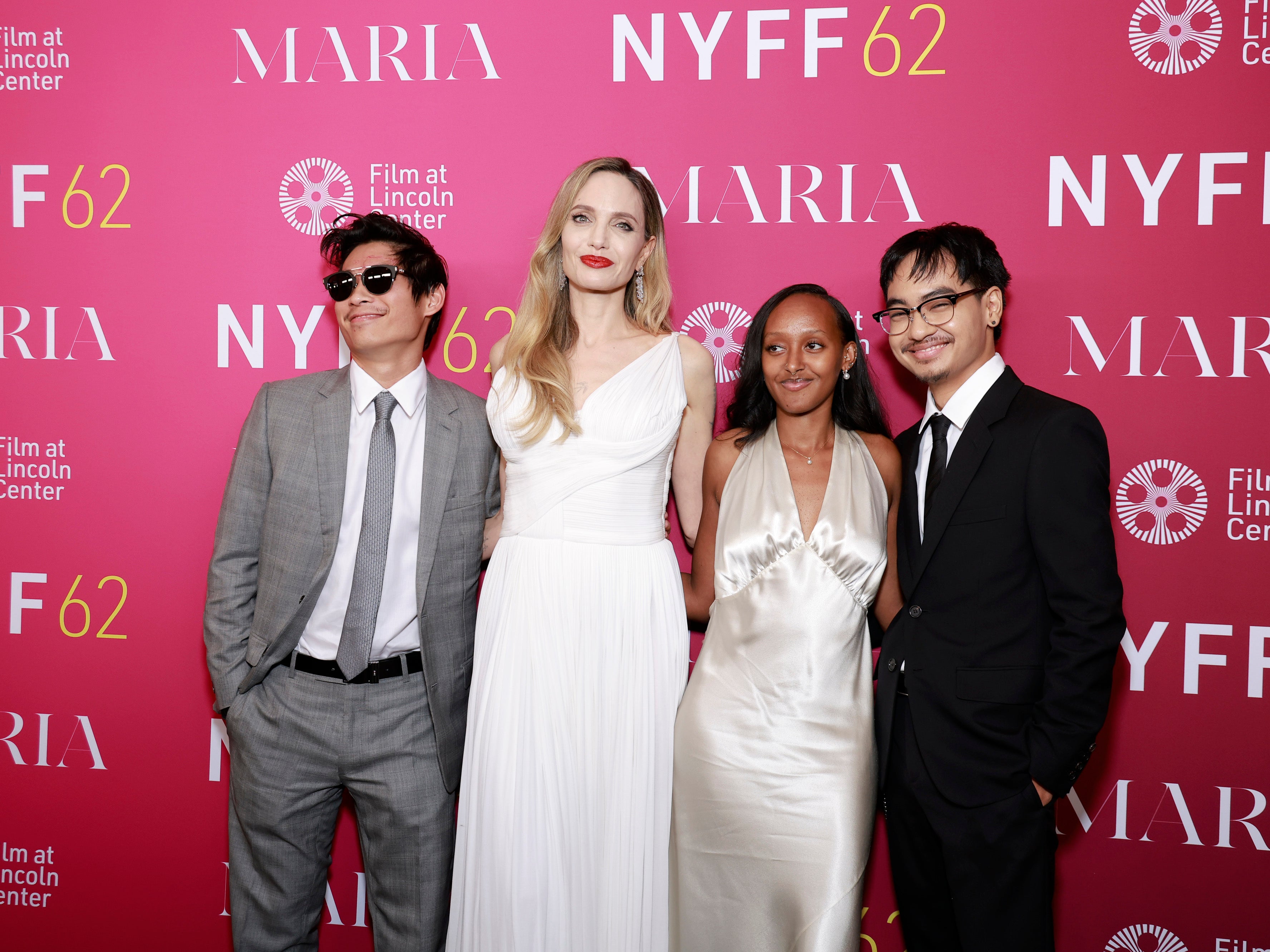 Pax Thien Jolie-Pitt, Angelina Jolie, Zahara Marley Jolie, and Maddox Chivan Jolie-Pitt attend the Maria Screening in New York on 29 September 2024