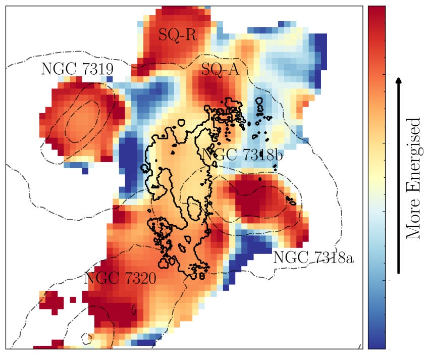 The blue colours indicate older, low-energy plasma, while the orange and yellow areas mark regions that are being actively energised (M. Arnaudova/University of Hertfordshire/WEAVE consortium/PA)