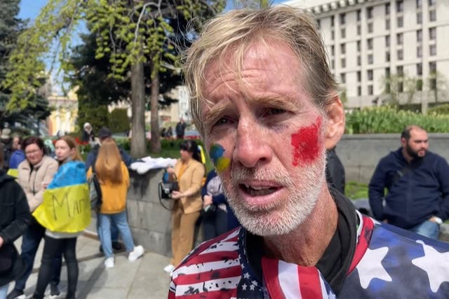 <p>Ryan Wesley Routh speaking during an interview at a rally to urge foreign leaders and international organisations to help provide humanitarian corridors for the evacuation of civilians and Ukrainian servicemen from Mariupol in central Kyiv on April 27, 2022. </p>