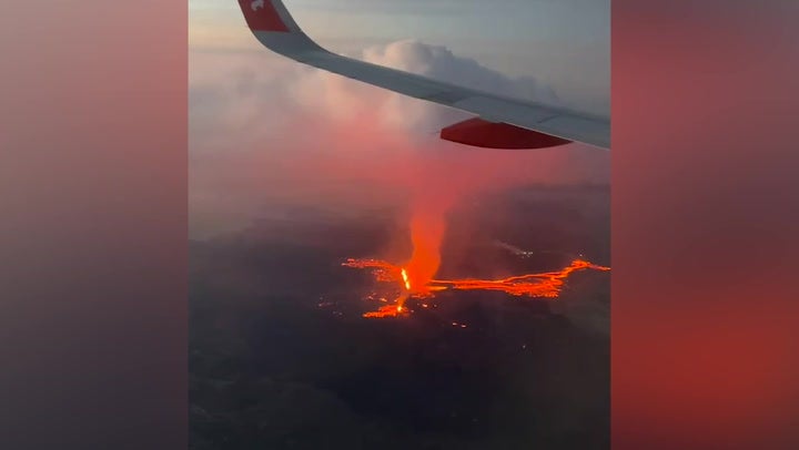 <p>Moment easyJet plane flies over erupting Iceland volcano captured in incredible video.</p>