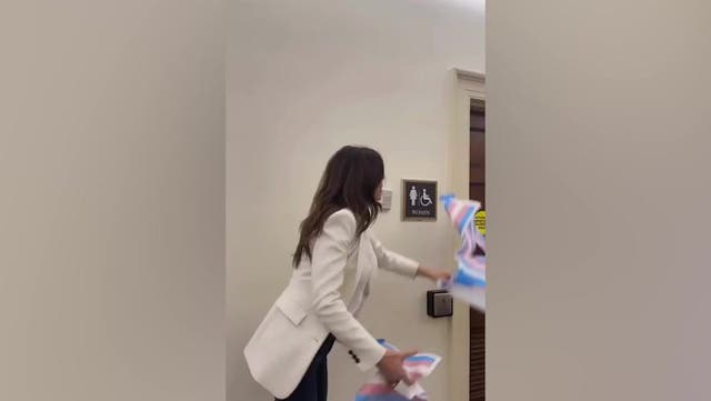 <p>Nancy Mace shares video of herself throwing printout trans flags in trashcan.</p>